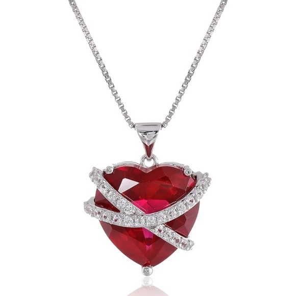 925 Sterling Silver 18” Box Chain Necklace & Ruby & White Sapphire Heart Pendant - Picture 1 of 7